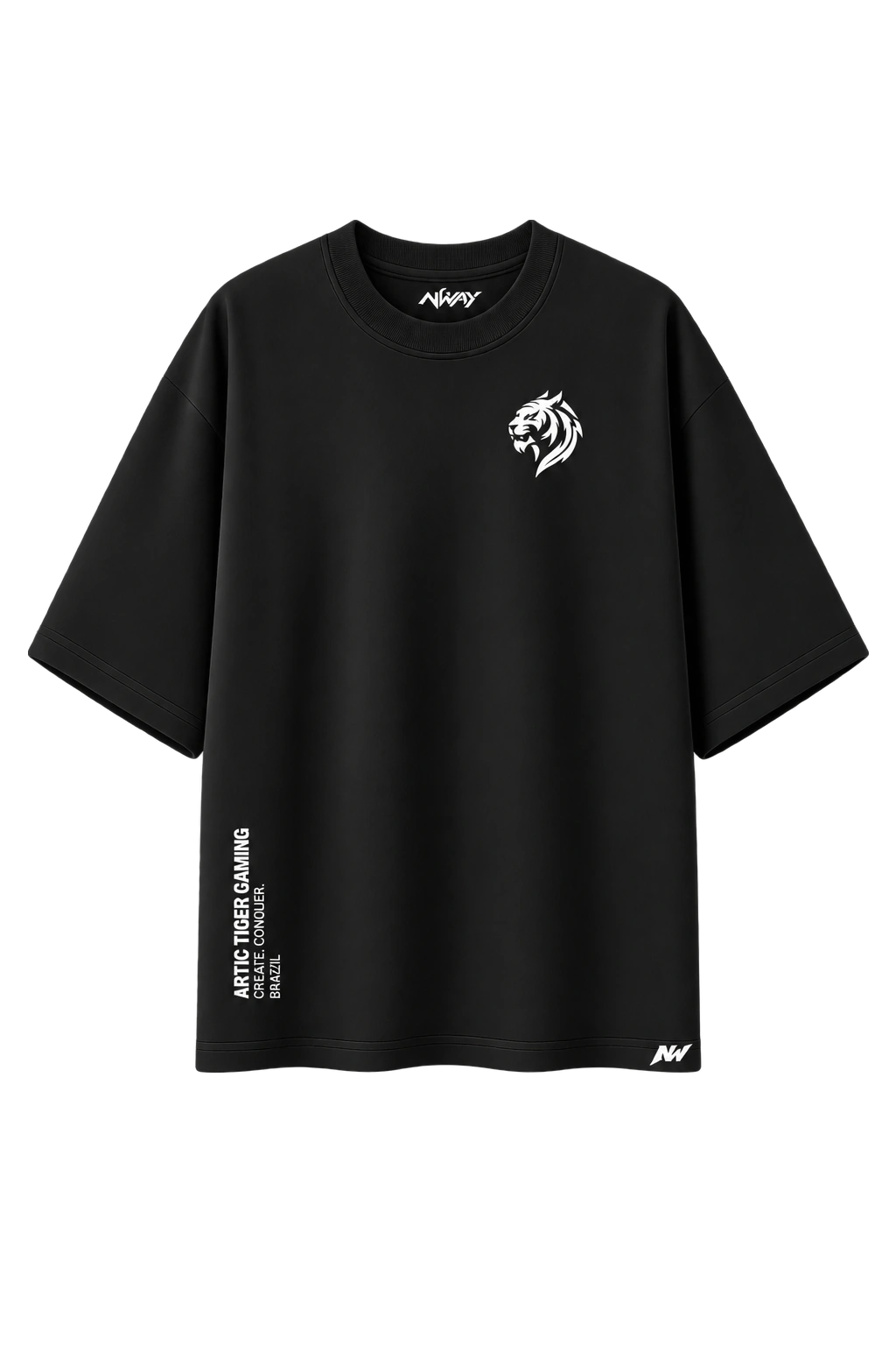 Camiseta preta NWAY × Artic Tiger com tigre e logos brancos